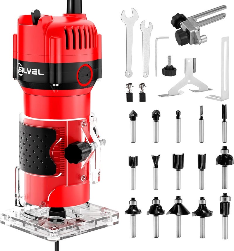 SILVEL Wood Router, 800W Wood Routers for Woodworking, 6.5Amp 1.25HP Hand Wood Router Tool, 30000R/MIN Compact Edge Trimmer with 15 1/4" Router Bit Set, Red - Image 1